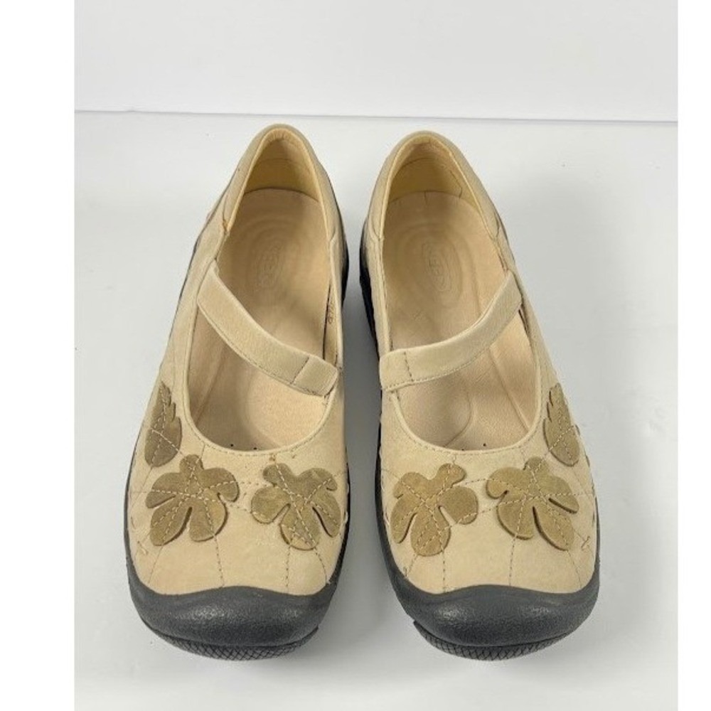 Keen Mary Jane Shoes Beige Leather Floral Leaf Applique Comfort Flats Womens 8.5